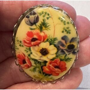 Vintage Floral Cameo Brooch Oval Pin Wildflower Poppy Flower Print Cottagecore